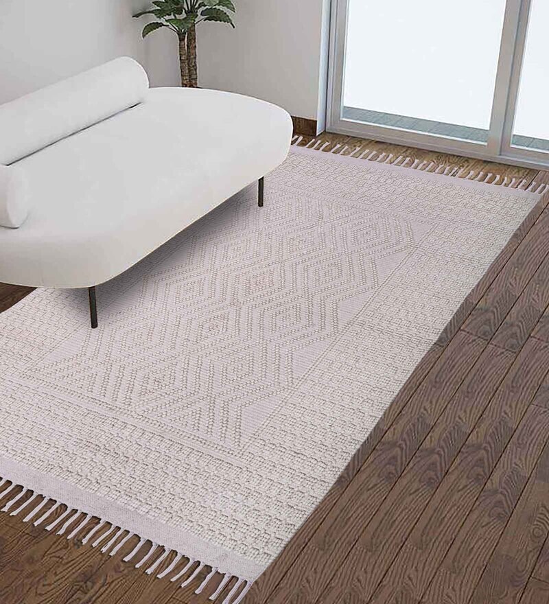 Buy White Wool Plain Solids 5 ft x 8 ft Hand Woven Carpet by
