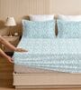 White & Aqua Glace Cotton Paisley Print Elastic Fitted King Bedsheet With 2 Pillow Covers