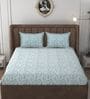 White & Aqua Glace Cotton Paisley Print Elastic Fitted King Bedsheet With 2 Pillow Covers