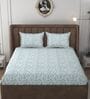 White & Aqua Glace Cotton Paisley Print Elastic Fitted King Bedsheet With 2 Pillow Covers