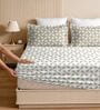 White & Beige Glace Cotton Self Design Elastic Fitted King Bedsheet With 2 Pillow Covers