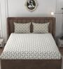 White & Beige Glace Cotton Self Design Elastic Fitted King Bedsheet With 2 Pillow Covers