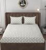 White & Beige Glace Cotton Self Design Elastic Fitted King Bedsheet With 2 Pillow Covers