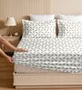 White & Beige Glace Cotton Self Design Elastic Fitted King Bedsheet With 2 Pillow Covers