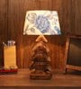 Irene White & Blue Fabric Shade Table Lamp With Mango wood Base