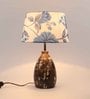 White & Blue Fabric Shade Table Lamp with White and Brown Base