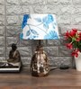 White & Blue Fabric Shade Table Lamp with White and Brown Base