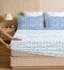 White & Blue Glace Cotton Floral Print Elastic Fitted King Bedsheet With 2 Pillow Covers