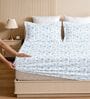 White & Blue Glace Cotton Floral Print Elastic Fitted King Bedsheet With 2 Pillow Covers