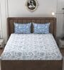 White & Blue Glace Cotton Floral Print Elastic Fitted King Bedsheet With 2 Pillow Covers