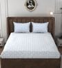 White & Blue Glace Cotton Self Design Elastic Fitted King Bedsheet With 2 Pillow Covers