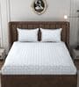 White & Blue Glace Cotton Self Design Elastic Fitted King Bedsheet With 2 Pillow Covers