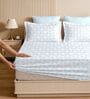 White & Blue Glace Cotton Self Design Elastic Fitted King Bedsheet With 2 Pillow Covers