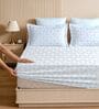White & Blue Glace Cotton Self Design Elastic Fitted King Bedsheet With 2 Pillow Covers