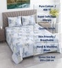 White & Blue Shade Floral 400 TC Cotton Queen Size Flat Bedsheet With 2 Pillow Covers