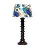 Intricately White & Blue Fabric Shade Night Lamp With Wood Base