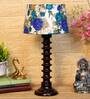 Intricately White & Blue Fabric Shade Night Lamp With Wood Base