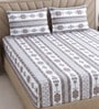 White & Grey Floral 400 TC Cotton Queen Size Fitted Bedsheet With 2 Pillow Covers