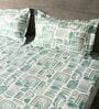 White & Dark Green 144TC Cotton Flat Super King Bedsheet with 2 Pillow Covers