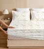 White & Gold Glace Cotton Floral Print Elastic Fitted King Bedsheet With 2 Pillow Covers