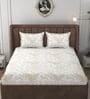 White & Gold Glace Cotton Floral Print Elastic Fitted King Bedsheet With 2 Pillow Covers