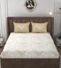 White & Gold Glace Cotton Floral Print Elastic Fitted King Bedsheet With 2 Pillow Covers