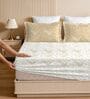 White & Gold Glace Cotton Floral Print Elastic Fitted King Bedsheet With 2 Pillow Covers