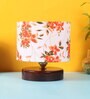 White & Orange  Print Table Lamp With Wood Brown Base
