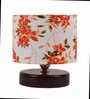 White & Orange  Print Table Lamp With Wood Brown Base