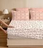 White & Pink Glace Cotton Floral Print Elastic Fitted King Bedsheet With 2 Pillow Covers