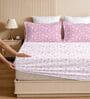 White & Pink Glace Cotton Floral Print Elastic Fitted King Bedsheet With 2 Pillow Covers