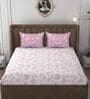 White & Pink Glace Cotton Floral Print Elastic Fitted King Bedsheet With 2 Pillow Covers
