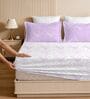 White & Purple Glace Cotton Floral Print Elastic Fitted King Bedsheet With 2 Pillow Covers