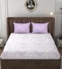 White & Purple Glace Cotton Floral Print Elastic Fitted King Bedsheet With 2 Pillow Covers