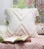 White Woven Geometric Cotton 16 x 16 Inches Cushion Cover