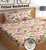 White 180 TC Floral Cotton Fitted Double Bedsheet 2 Pillow covers