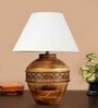 White Cotton Fabric Shade Cromwell Large Natural Carved Wood Table Lamp With Brown Base