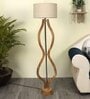 Confined White Fabric Shade Club Floor Lamp With Wood Base