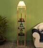 Cross-leg White Fabric Shade Shelf Floor Lamp With Wood Base