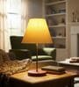 White Fabric Shade Table Lamp, Brown Wooden Base Bedside & Desk Light for Bedroom, Living Room & Home Decor