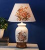 White Fabric Shade Table Lamp with Brown Base