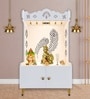White Finish Art of Mor Pankh Floor Temple with Spacious Wooden Shelf & Inbuilt Focus Light