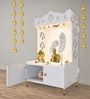 White Finish Art of Mor Pankh Floor Temple with Spacious Wooden Shelf & Inbuilt Focus Light