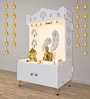 White Finish Art of Mor Pankh Floor Temple with Spacious Wooden Shelf & Inbuilt Focus Light