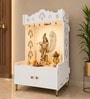 White Finish Art of Mor Pankh Floor Temple with Spacious Wooden Shelf & Inbuilt Focus Light