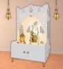 White Finish Beautiful Design of Shri Ganesh Floor Temple with Spacious Wooden Shelf & Inbuilt Focus Light