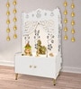 White Finish Beautiful Flower Design Pattern Floor Temple with Spacious Wooden Shelf & Inbuilt Focus Light-