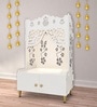 White Finish Beautiful Flower Design Pattern Floor Temple with Spacious Wooden Shelf & Inbuilt Focus Light-