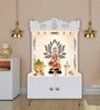 White Finish Beautiful Lotus Pattern Floor Temple with Spacious Wooden Shelf & Inbuilt Focus Light-