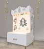 White Finish Beautiful Lotus Pattern Floor Temple with Spacious Wooden Shelf & Inbuilt Focus Light-